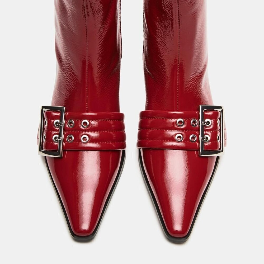 ✨Women Red Buckle Ankle Boots Kitten Low Heel Eyelet Sexy Pointy Toe Booties - Picture 7 of 9